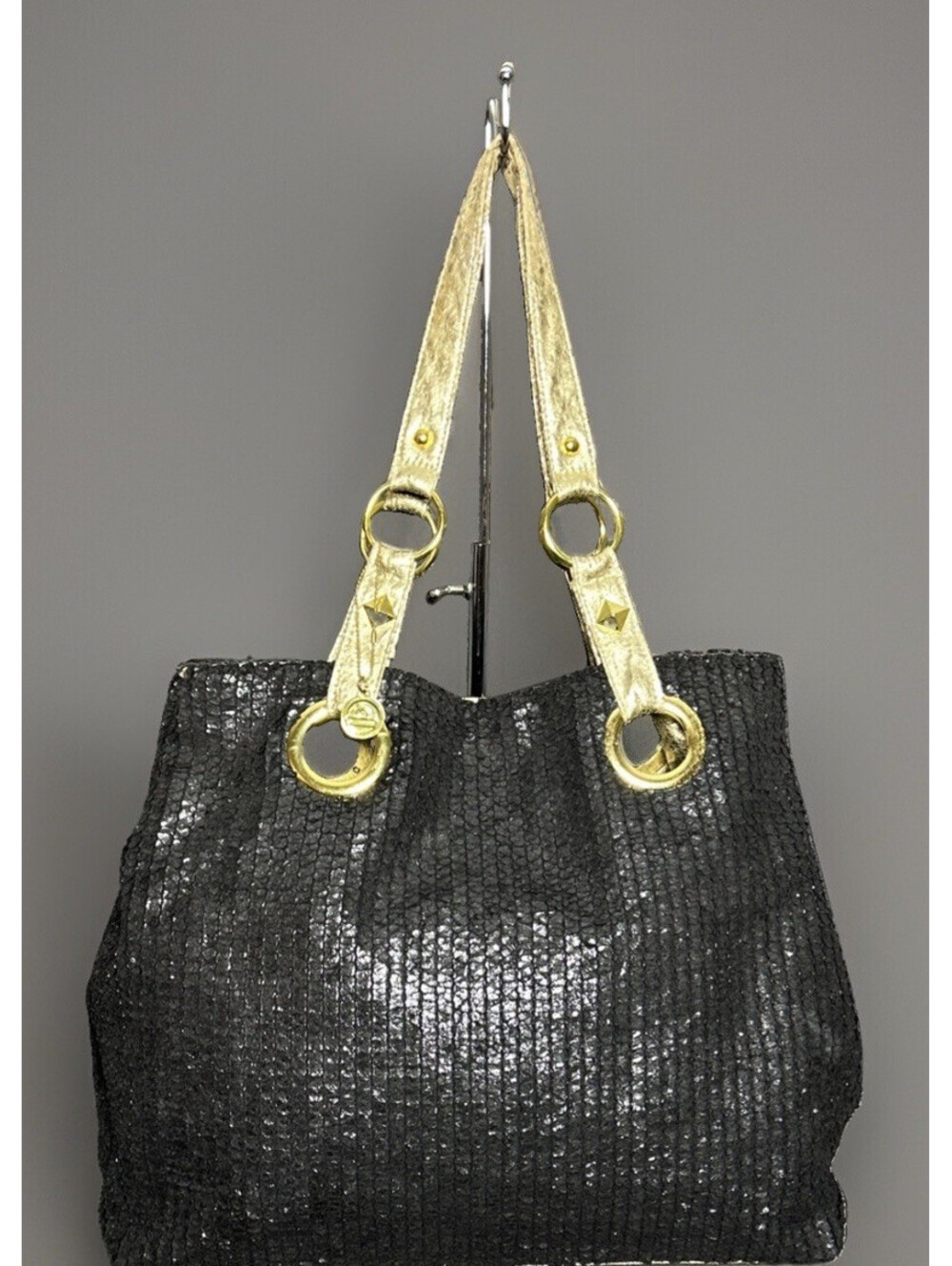 Big Buddha Large Black Textured Material Shoulder Tote Bag Gold Tone Hardware